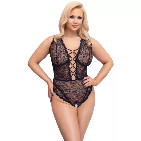 Cottelli Curves Plus Size - Sheer Patterned Bodysuit (Black) - 90D/XL