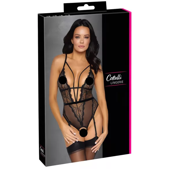 Cottelli - Open Strappy Bodysuit with Garter (Black) - M