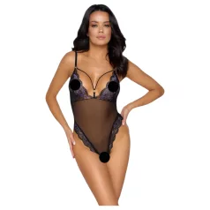   Cottelli - Embroidered Lace Bodysuit, Black & Purple (Open Design)