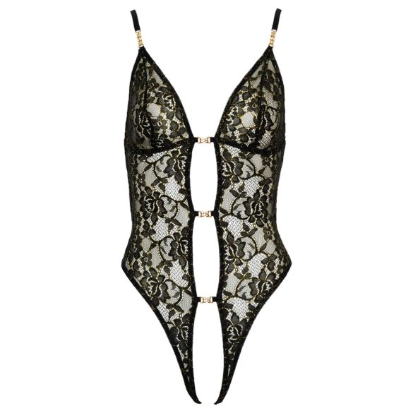 Abierta Fina - Open Lace Bodysuit with Rhinestones (Black)