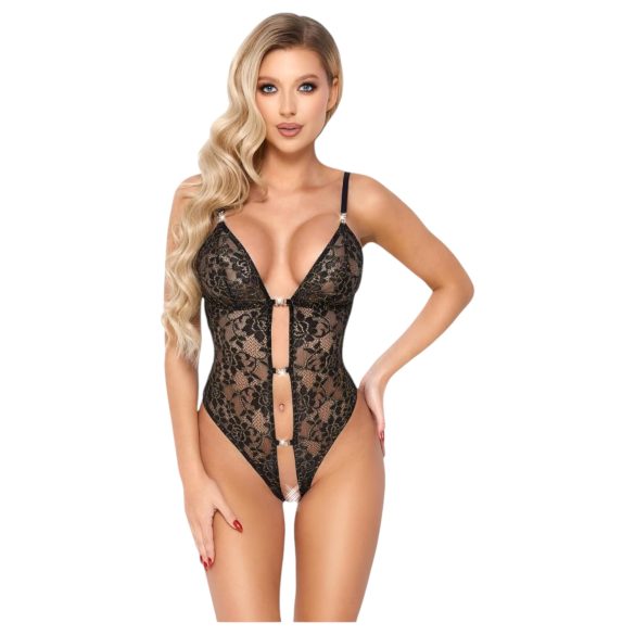 Abierta Fina - Open Lace Bodysuit with Rhinestones (Black) - L