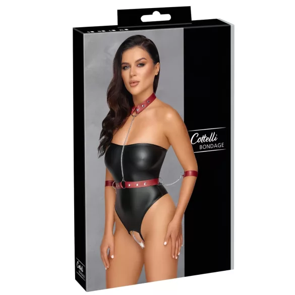 Cottelli Bondage - shiny bodysuit and arm cuffs (black)