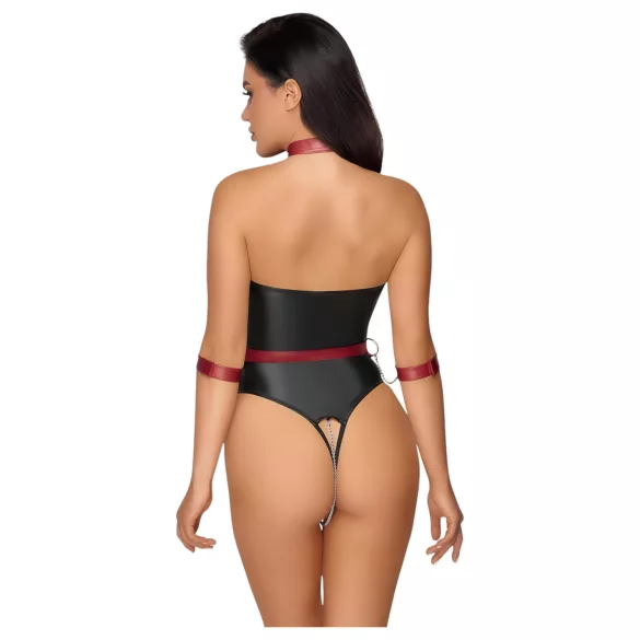 Cottelli Bondage - Shiny Black Bodysuit & Cuffs