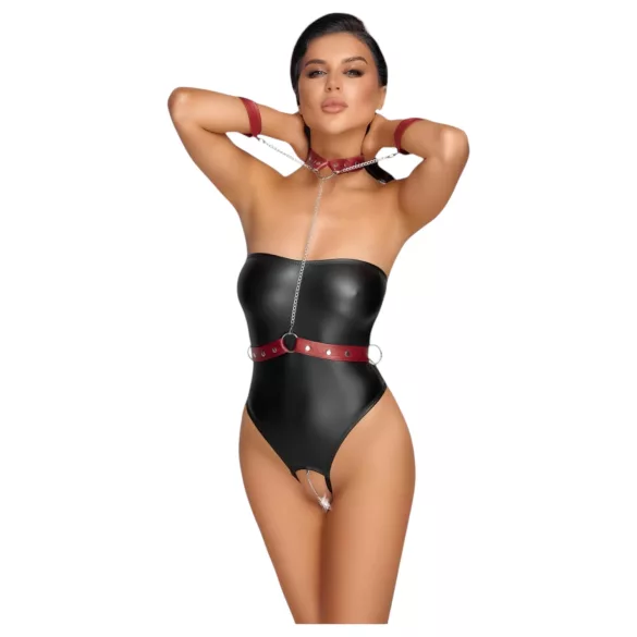 Cottelli Bondage - Shiny Black Bodysuit & Cuffs - M