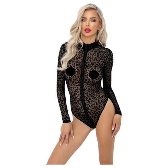 Noir - Leopard Print Long-Sleeve Bodysuit (Black)
