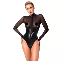 Noir - Glossy Bodysuit with Sheer Insets (Black)