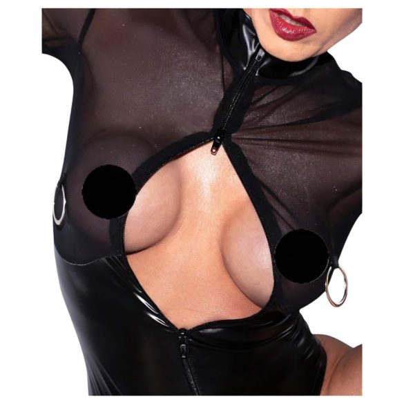 Noir - Glossy Bodysuit with Sheer Insets (Black) - M