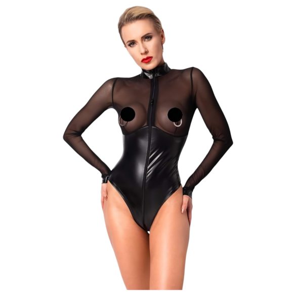 Noir - Glossy Bodysuit with Sheer Insets (Black) - L