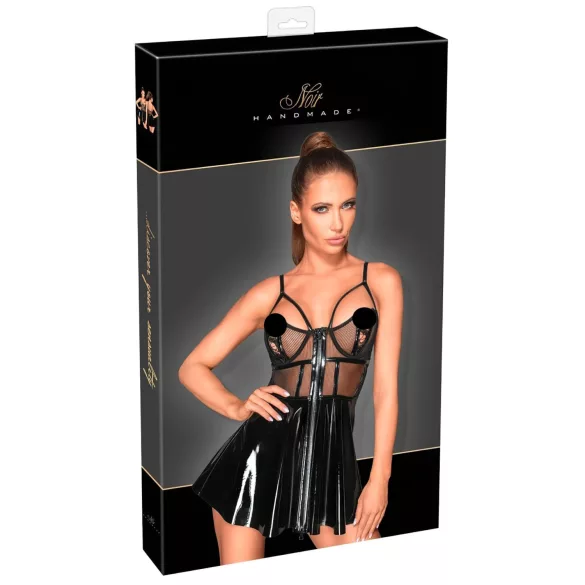 Noir - Black Patent Dress with Mesh Insets - XL