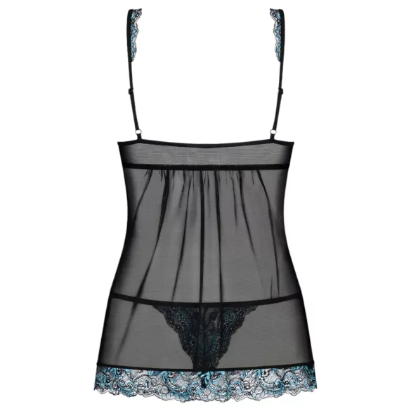Obsessive Amanta - Embroidered Babydoll & Thong Set (Black-Turquoise) - L/XL