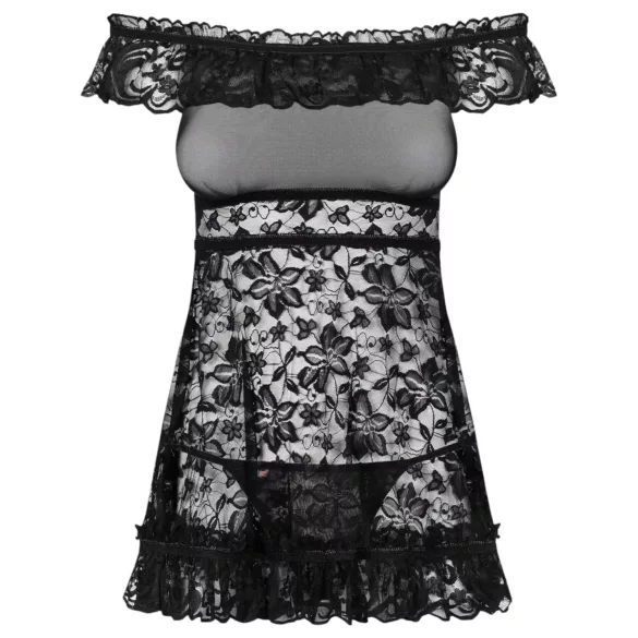Obsessive Flores - Black Ruffled Babydoll & Thong Set - L/XL