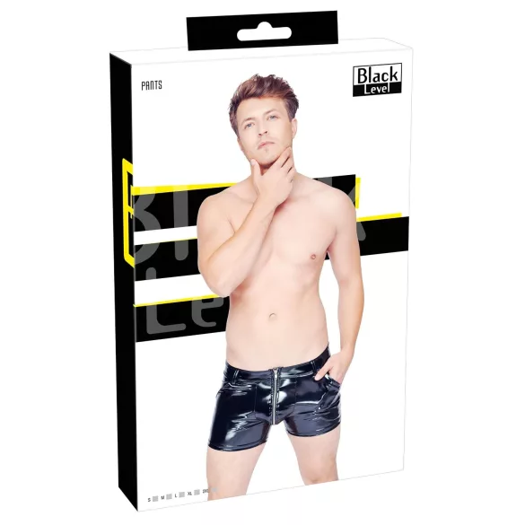 Black Level - Men's Vinyl Shorts with Side Pockets (Black) - M
