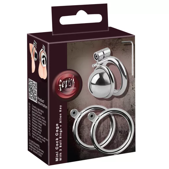 fetish collection - mini penis cage with 3 interchangeable testicle rings (silver)