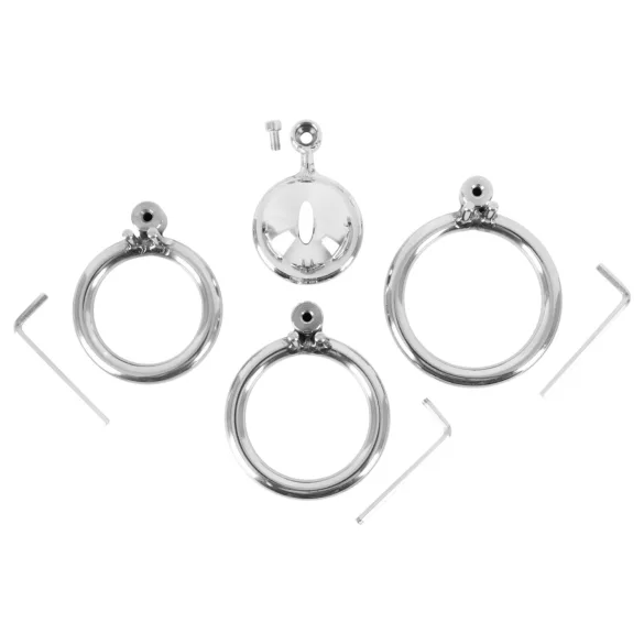 fetish collection - mini penis cage with 3 interchangeable testicle rings (silver)