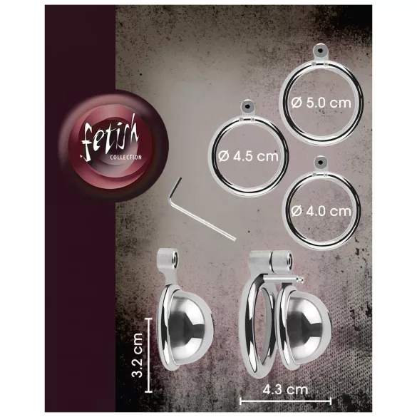 fetish collection - mini penis cage with 3 interchangeable testicle rings (silver)