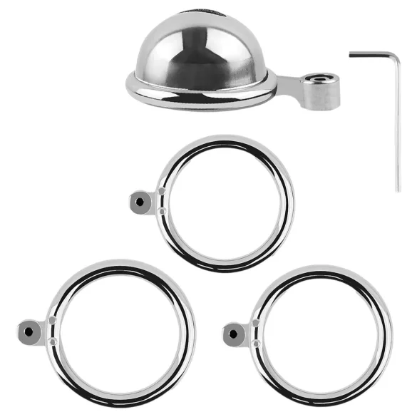 fetish collection - mini penis cage with 3 interchangeable testicle rings (silver)