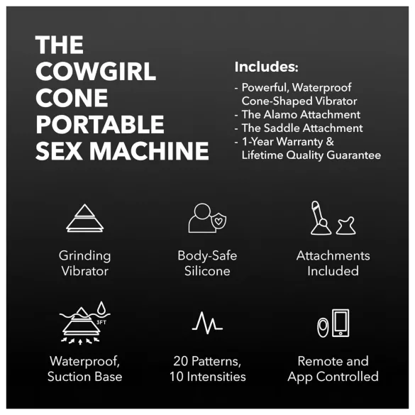 The Cowgirl Cone - app-controlled premium sex machine - with 2 interchangeable attachments, 20 vibration modes (black)