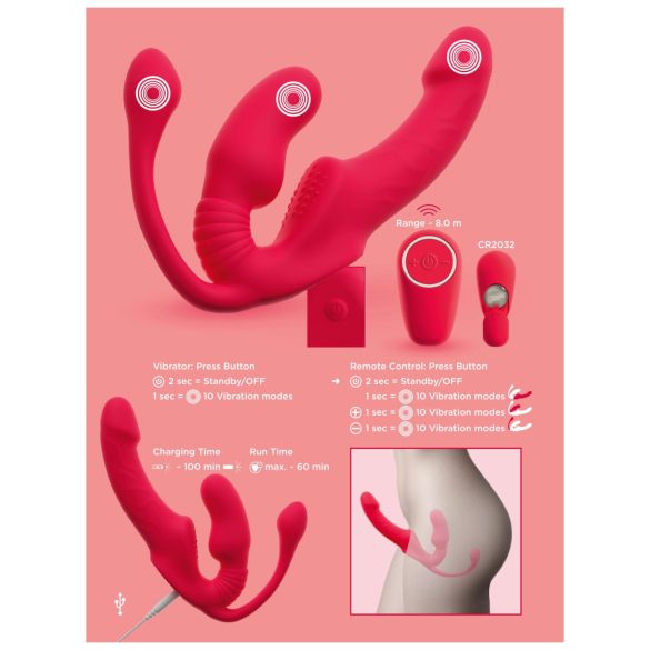You2Toys Strapless - strap-on 3-pronged vibrator (pink)