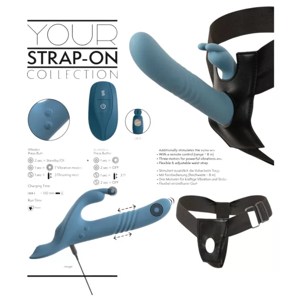 You2Toys - 3‑piece strap-on rabbit thrusting vibrator with remote control (blue)