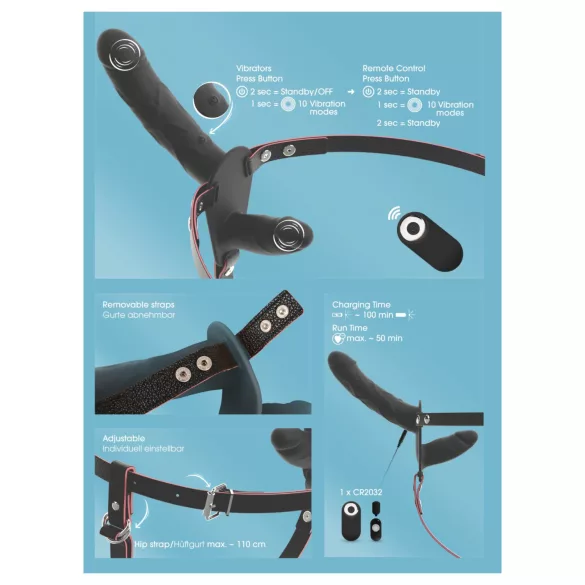 You2Toys - remote-controlled double strap-on vibrator (black)