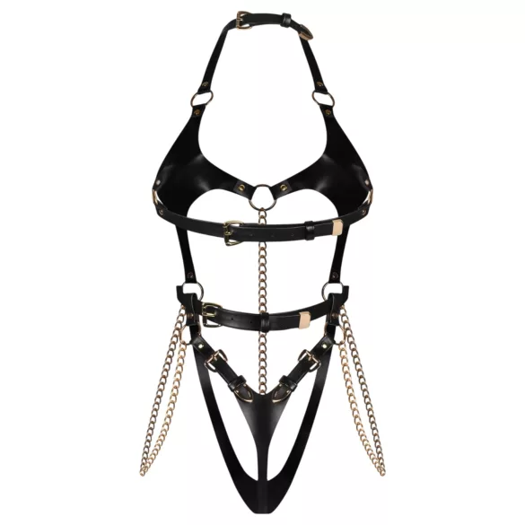 Obsessive Anyya - chained leather-look strappy bodysuit (black)