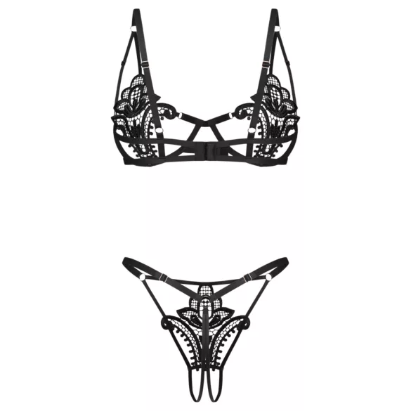 Obsessive Luise - tulip-patterned 2‑piece lingerie set (black)