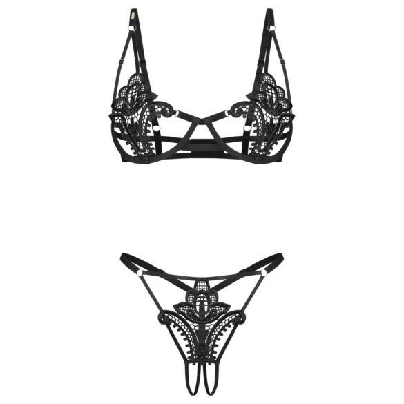 Obsessive Luise - tulip-patterned 2‑piece lingerie set (black) - L/XL