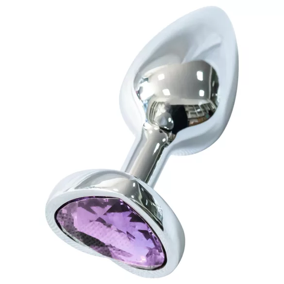 Sunfo - metal anal plug with heart-shaped purple gem (silver)