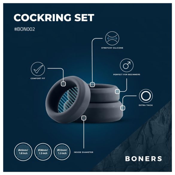 Boners - Silicone Cock Ring Set - 3 Pack (Gray)