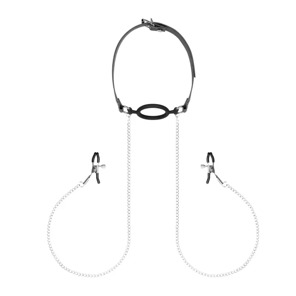 Bedroom Dreams - Silver & Black Mouth Gag and Nipple Clamps