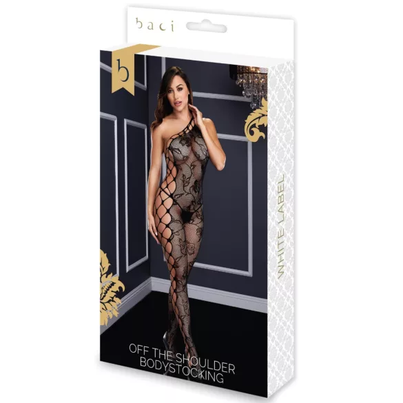 Baci - One-shoulder Mesh Floral Fishnet Bodystocking - Black (S-L)