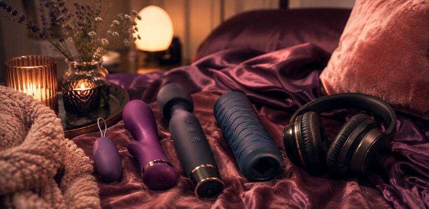 Quiet toys and headphones on purple satin set the scene for intimate ASMR sex | Sex Shop UK Desirel.co.uk